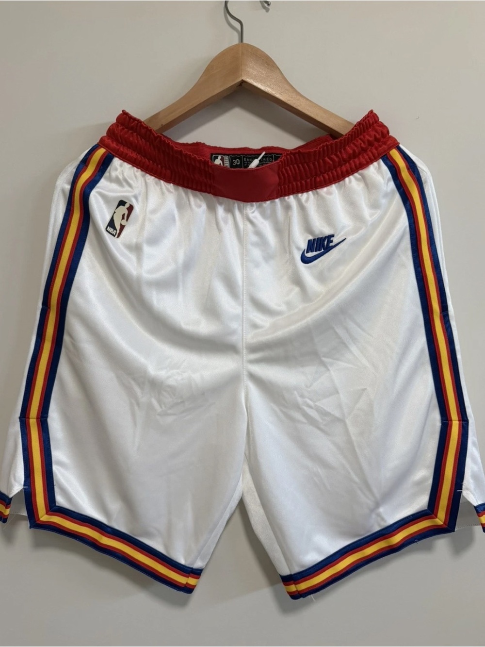 NBA White Athletic Shorts with Red Waistband and Blue/Yellow Side Stripes - NBA